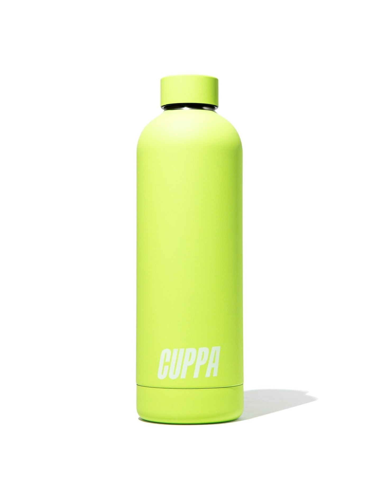 Cuppa insulated water bottle pastel green on a white background