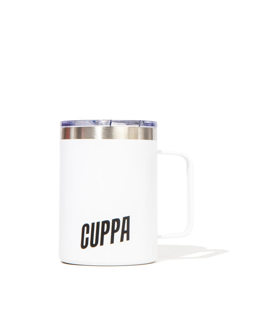 Cuppa Insulated travel mug with handle in white with lid and black cuppa logo on a white background