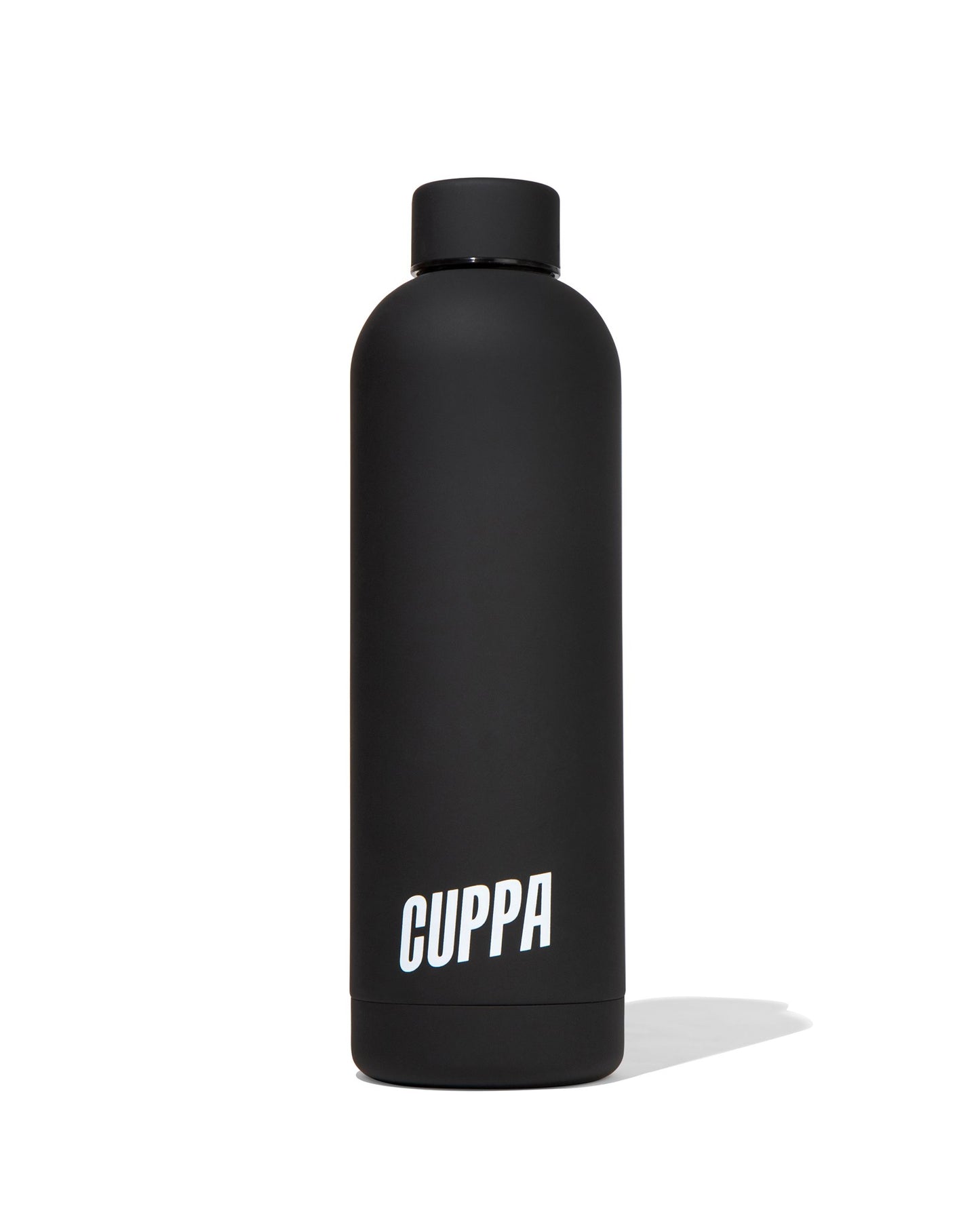 Cuppa Insulated water bottle in black with white cuppa logo on a white background