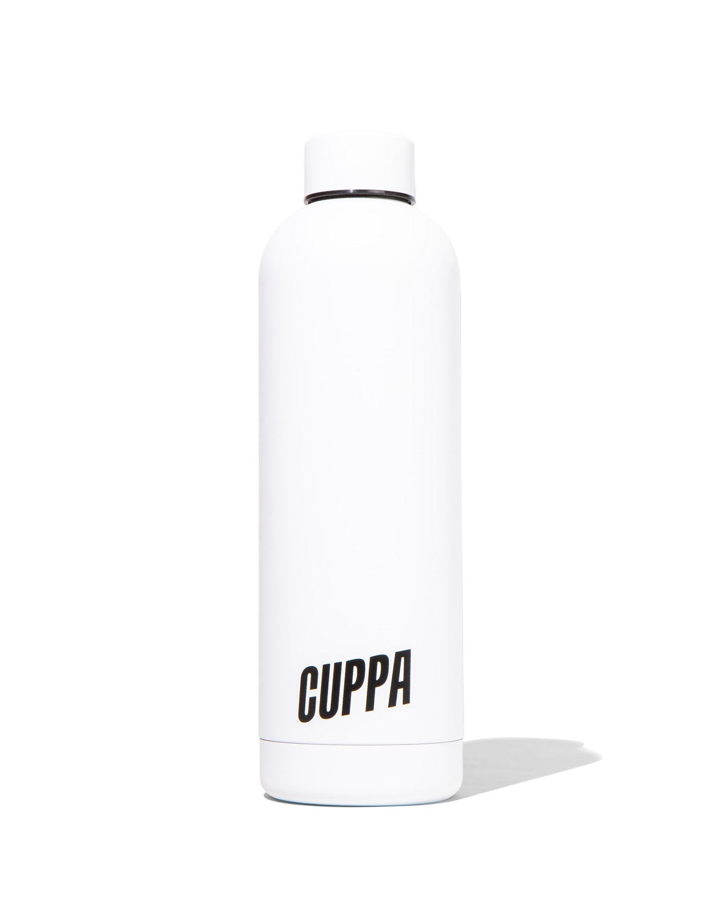 Cuppa Insulated water bottle in white with a black cuppa logo on a white background