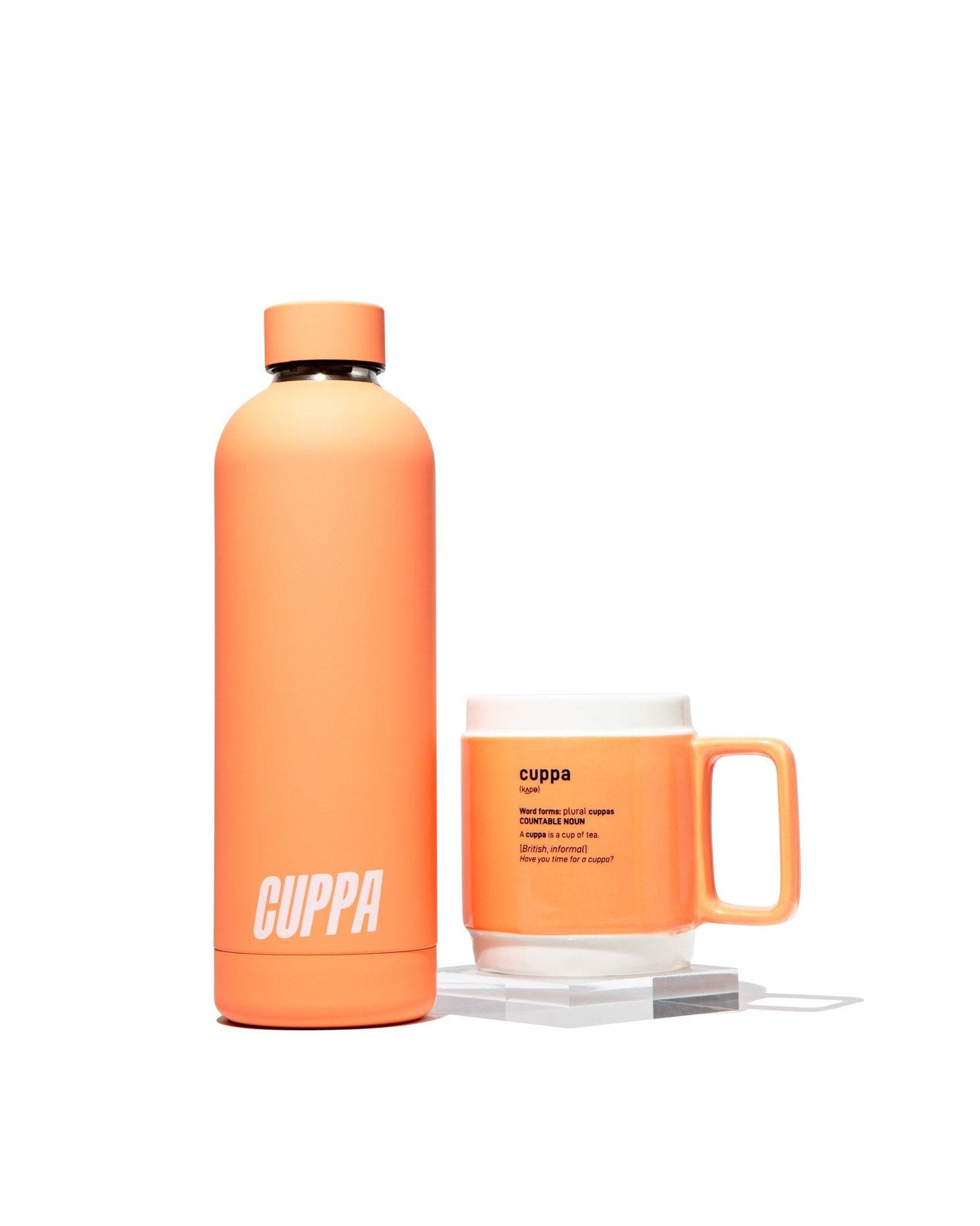 Cuppa water bottle in orange and orange cuppa mug in orange on white background