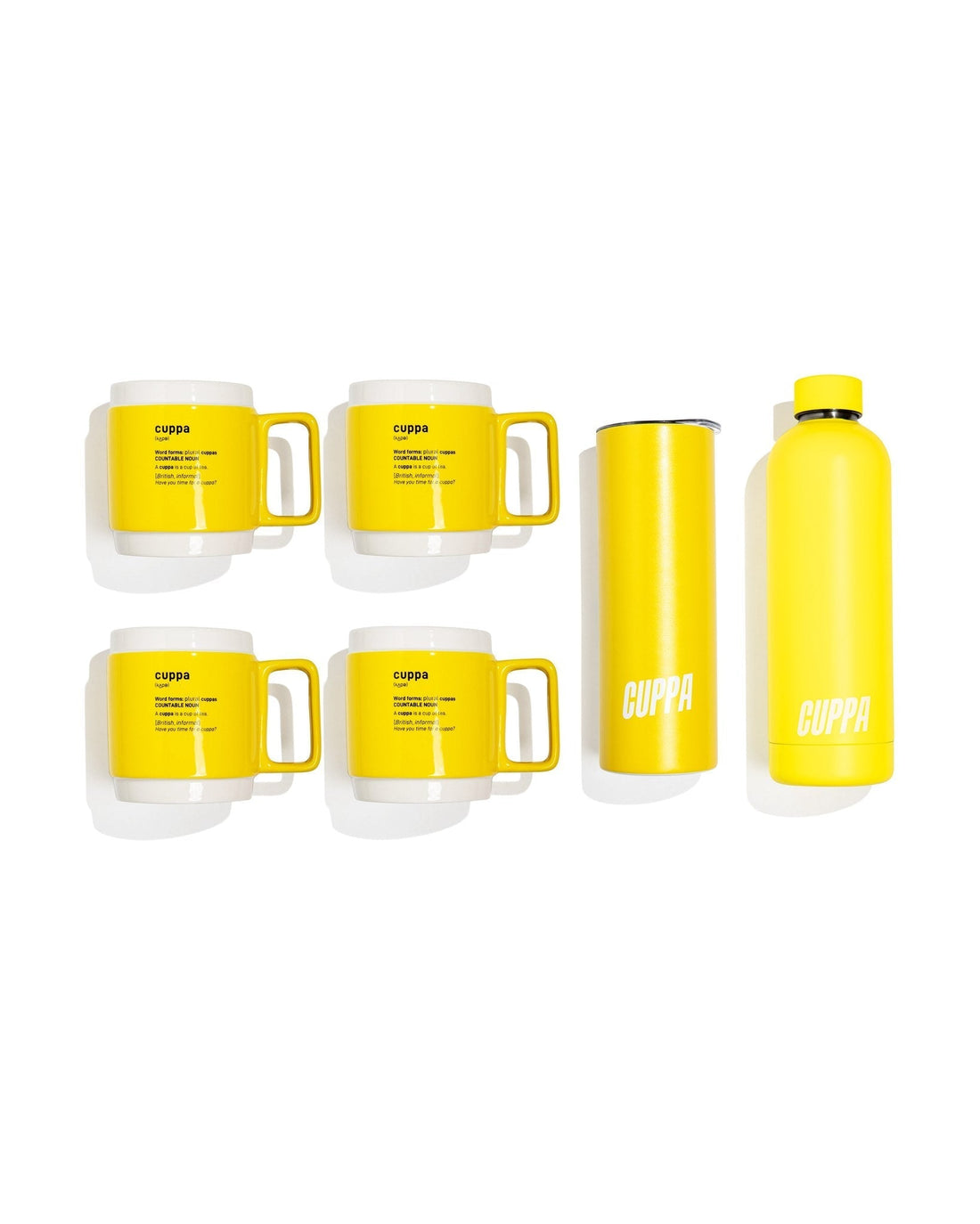 Cuppa Starter Set with 4 yellow mugs, water bottle and tumbler