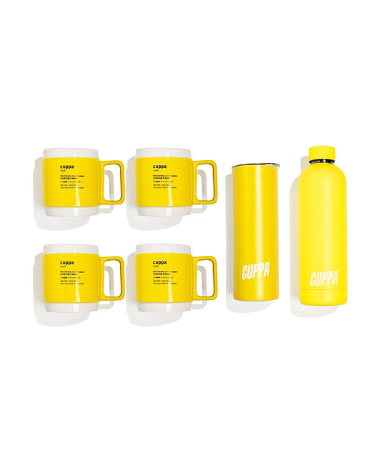 Cuppa Starter Set with 4 yellow mugs, water bottle and tumbler