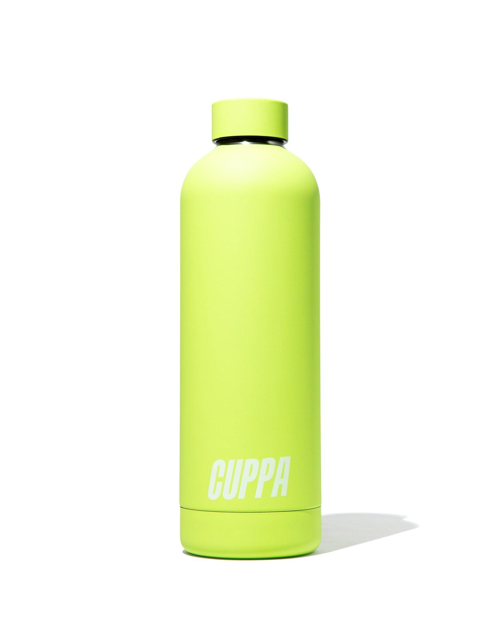 Cuppa insulated water bottle pastel green on a white background