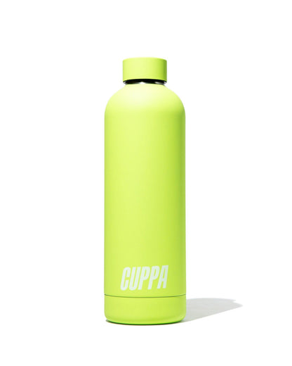Cuppa insulated water bottle pastel green on a white background