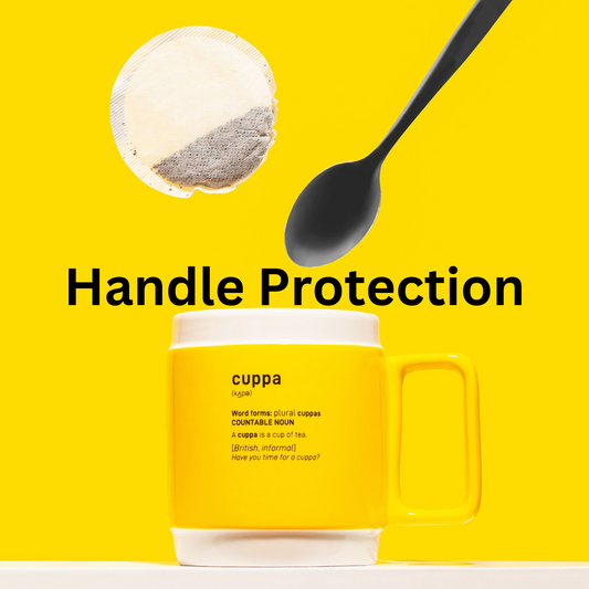 Cuppa handle protection, image is of a Yellow Cuppa mug with a tea bag and tea spoon with text of "Handle Protection" over the centre of the image