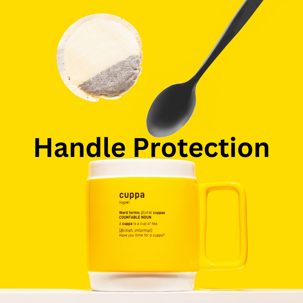 Cuppa handle protection, image is of a Yellow Cuppa mug with a tea bag and tea spoon with text of 