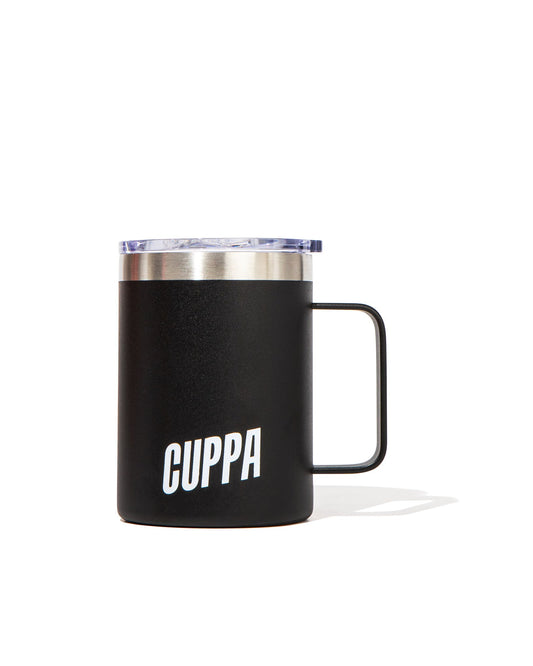 Cuppa Insulated travel mug with handle in black with lid and white cuppa logo on a white background