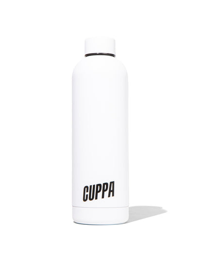 Cuppa Insulated water bottle in white with a black cuppa logo on a white background
