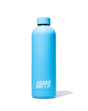 Cuppa insulated water bottle bright blue on white background