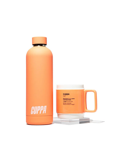 Cuppa water bottle in orange and orange cuppa mug in orange on white background