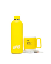 Load image into Gallery viewer, Cuppa water bottle in yellow and yellow cuppa mug  in blue on white background
