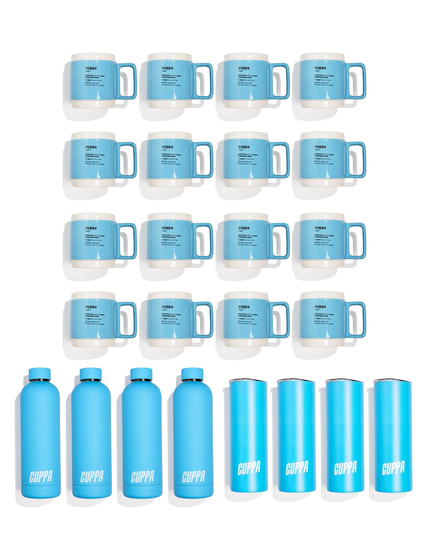 Cuppa Complete Home Starter Pack: 12 Cuppa Ceramic Mugs, 4 Cuppa Insulated Water Bottles, 4 Cuppa Insulated Tumblers