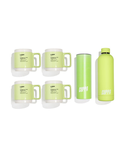 Cuppa Essential Starter Pack: 4 Cuppa Ceramic Mugs, 1 Cuppa Water Bottle, 1 Travel Mug and 1 Cuppa Tumbler