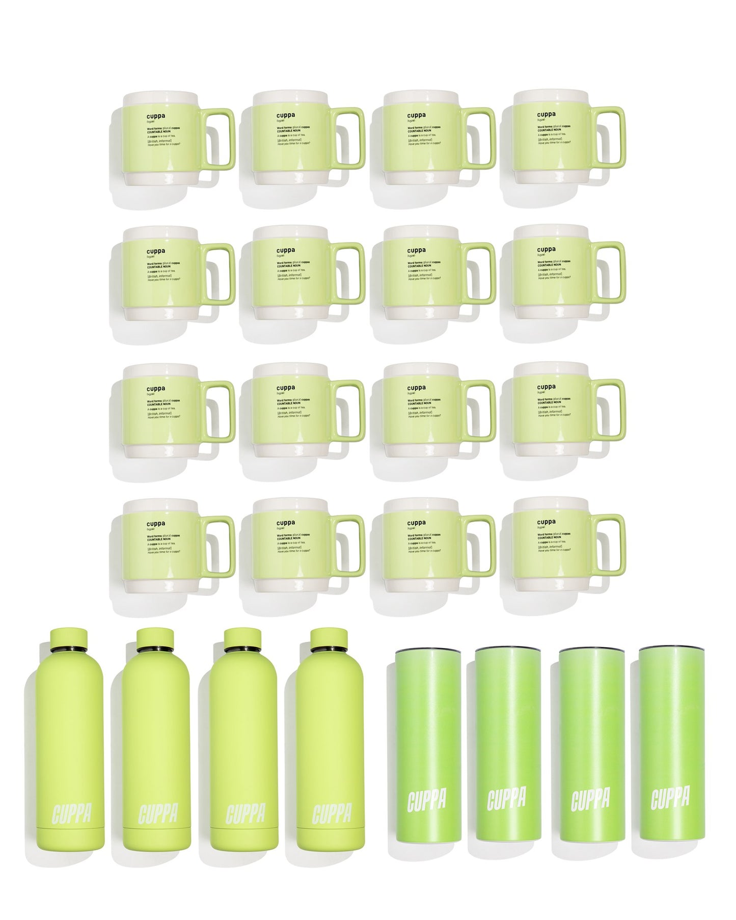 Cuppa Complete Home Starter Pack: 12 Cuppa Ceramic Mugs, 4 Cuppa Insulated Water Bottles, 4 Cuppa Insulated Tumblers