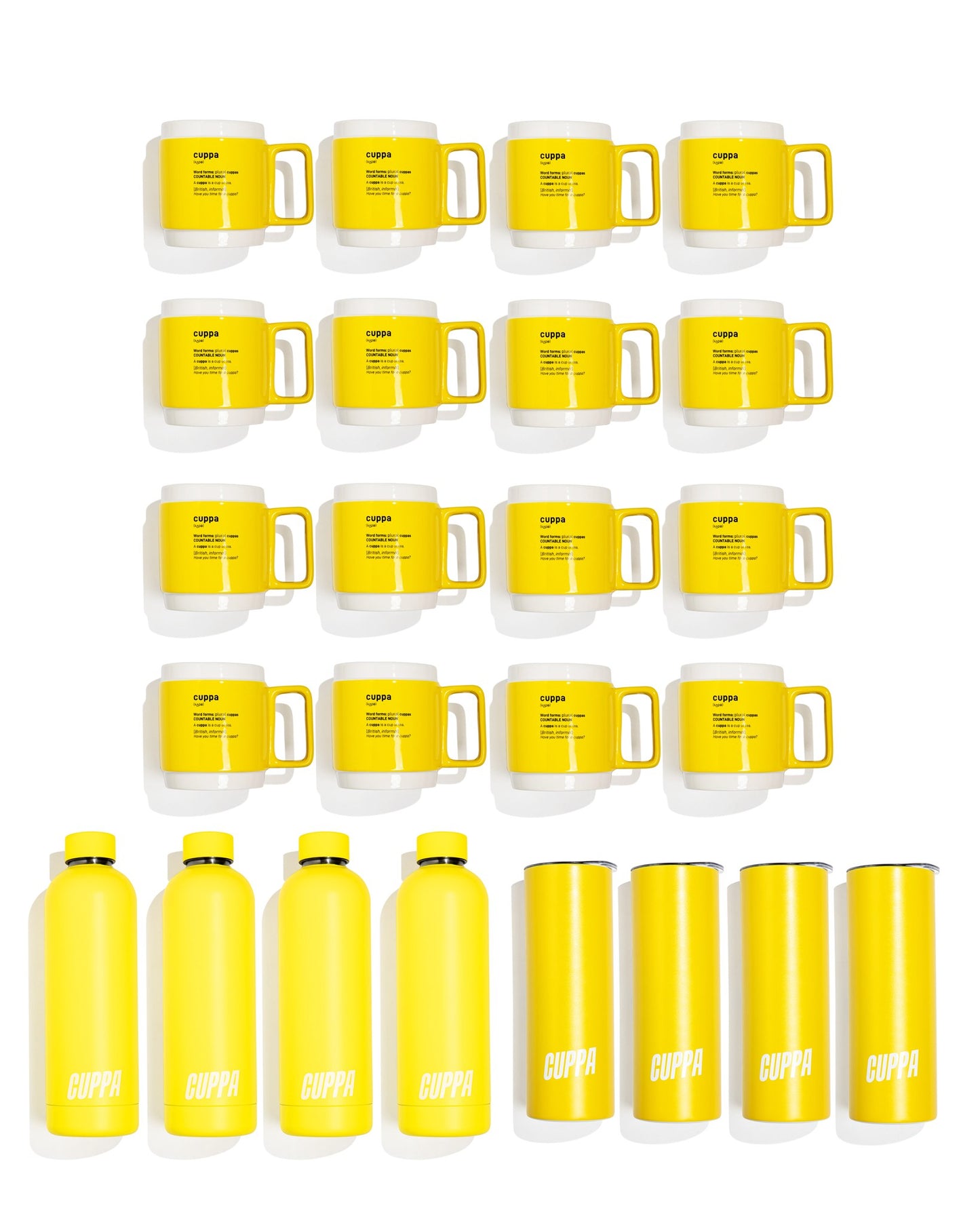 Cuppa Complete Home Starter Pack: 12 Cuppa Ceramic Mugs, 4 Cuppa Insulated Water Bottles, 4 Cuppa Insulated Tumblers