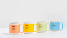 Load image into Gallery viewer, Cuppa Mugs arranged on a white background. The picture show the terracotta orange cuppa mug, the bright blue cuppa mug, the bright yellow cuppa mug and the pastel green cuppa mug.
